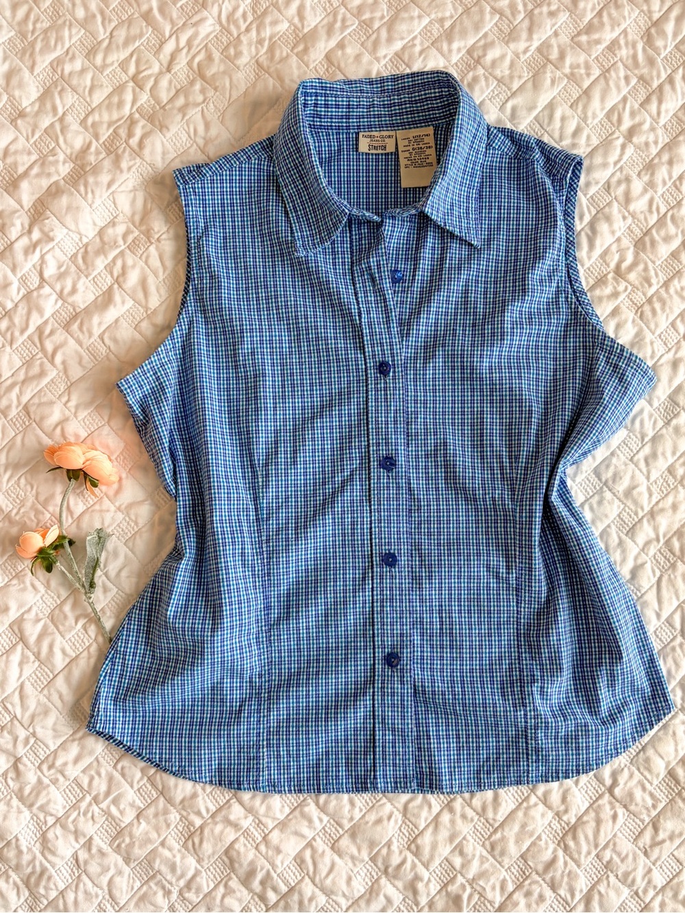 Faded Glory Blue Plaid Sleeveless Button Down Shirt Womens L 12/14 Stretch